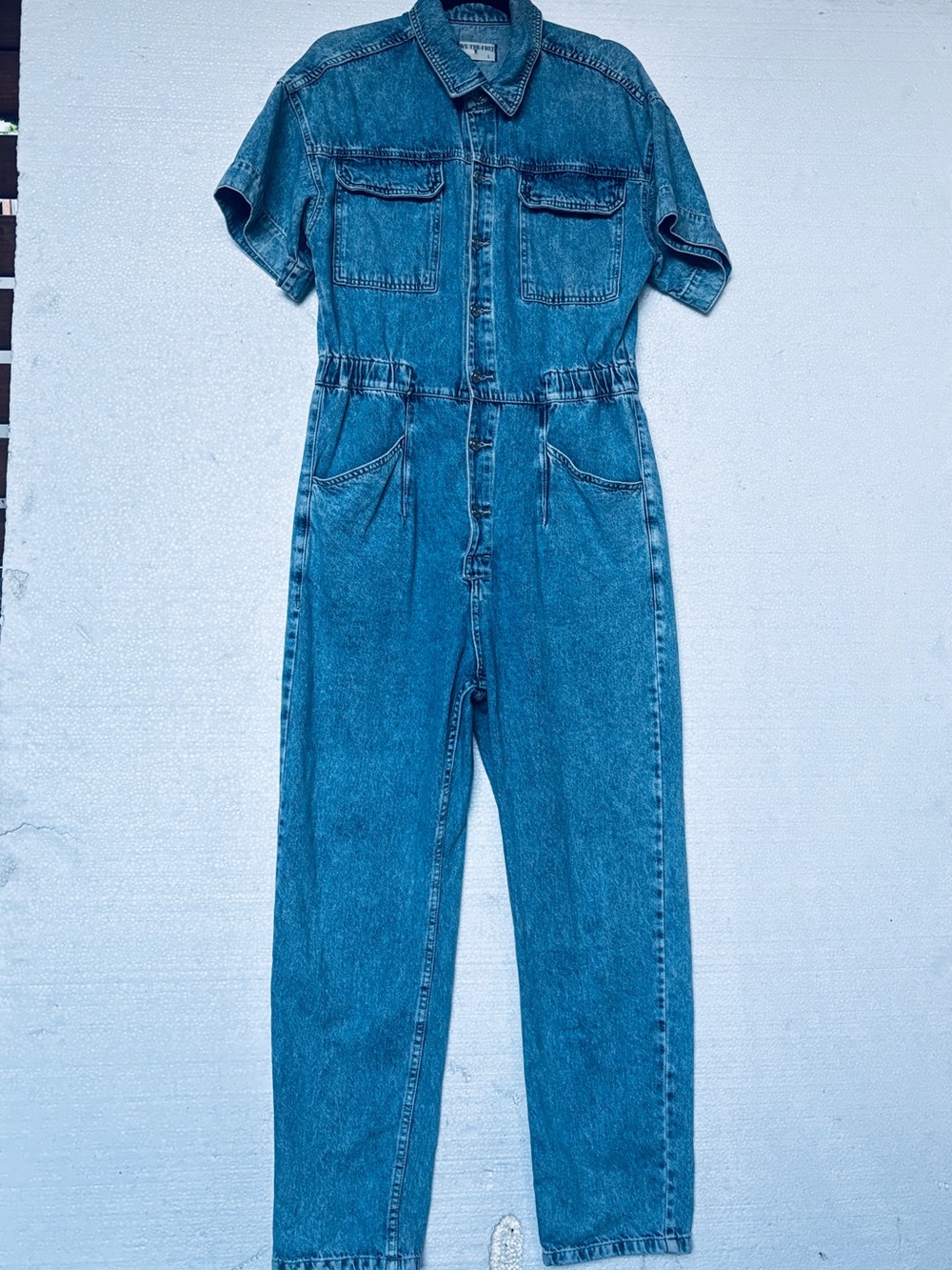 Free People We The Free Denim Jumpsuit Short Sleeve Coverall Blue Large L - Picture 2 of 10